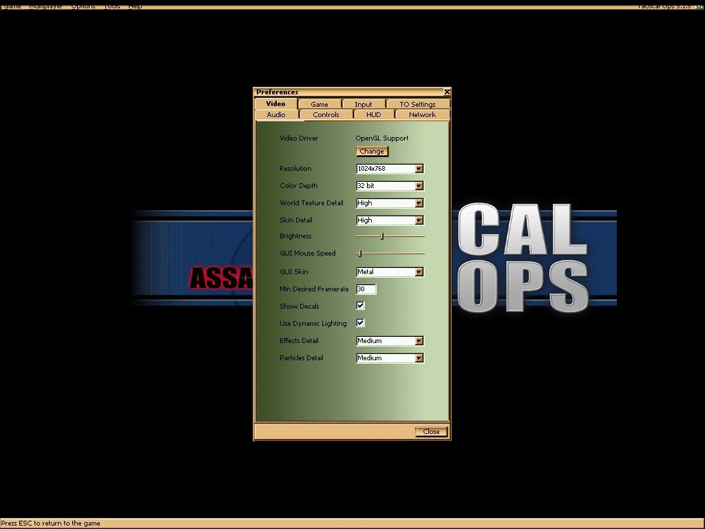 Tactical Ops: Assault on Terror (Windows) screenshot: Preferences window (this is how the GUI look like, you can change its color scheme)