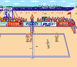 Kings of the Beach (NES) screenshot: Stoklos goes for a spike.
