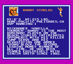 Kings of the Beach (NES) screenshot: Randy Stoklos' profile