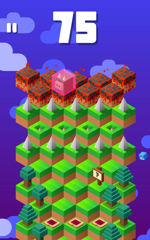 Down the Mountain (Android) screenshot: The cow is protected against the lava because of the bubble.