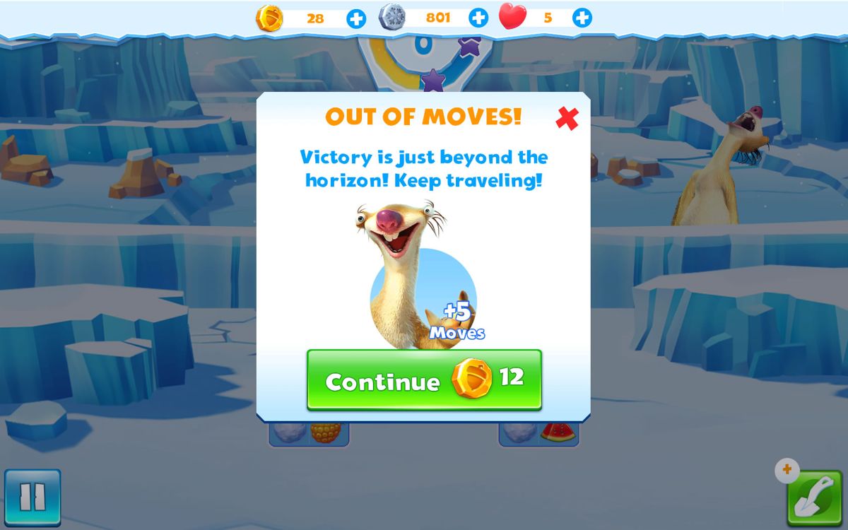 Ice Age: Avalanche (Windows Apps) screenshot: Spend gold coins to continue playing instead of restarting the level.