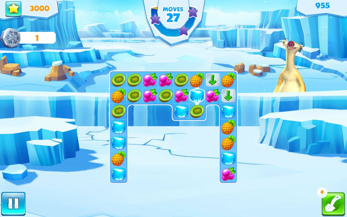 Ice Age: Avalanche (Windows Apps) screenshot: In this level you need to use the extenders (green arrows) to make the board larger.