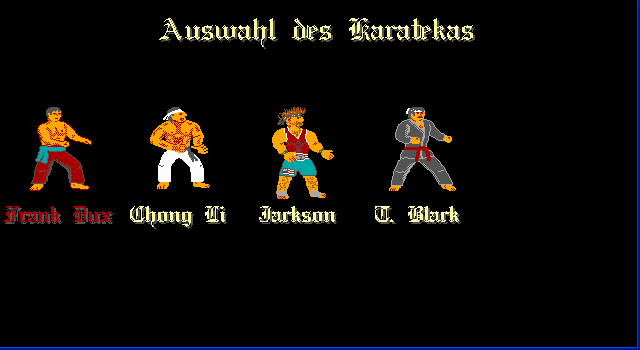 Bloodsport (DOS) screenshot: Choosing your fighter. In the shareware version you can only play the first one.