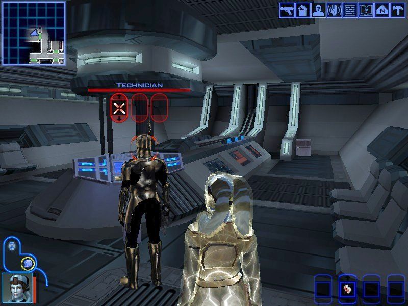 Star Wars: Knights of the Old Republic (Windows) screenshot: A stealth field generator lets your scoundrel (thief) character perform the ever popular backstab attack