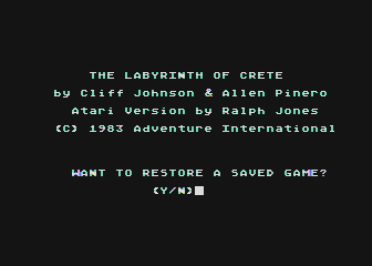 Labyrinth of Crete (Atari 8-bit) screenshot: Load saved game and credits
