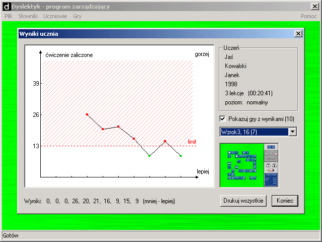 Dyslektyk 2 (Windows) screenshot: Student progress