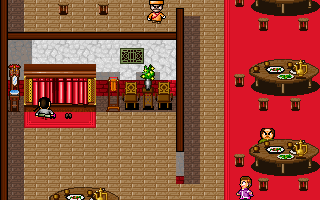 Lu Ding Ji (DOS) screenshot: The hero peeks at a couple having sex behind the curtain