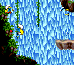 The Smurfs Travel the World (Genesis) screenshot: Smurfing vines, with an heart just on the other side.