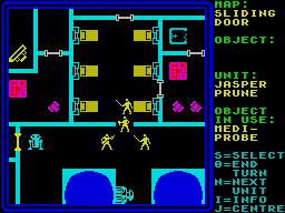Rebelstar (ZX Spectrum) screenshot: Proceeding through a dormitory