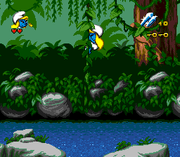 The Smurfs Travel the World (Genesis) screenshot: The third stage is the opposite: it is mostly horizontal.