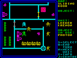 Rebelstar (ZX Spectrum) screenshot: The green sentry droid is about to get blasted