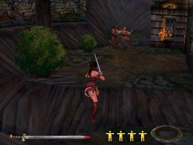 Xena: Warrior Princess (PlayStation) screenshot: Pirates are sacking the town, you must rescue the hostages