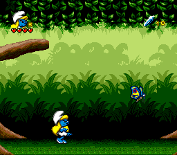 The Smurfs Travel the World (Genesis) screenshot: Starting the level, with the first enemy in sight.