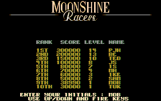 Moonshine Racers (DOS) screenshot: High score table