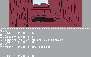The Golden Baton (Commodore 64) screenshot: I'm in a cabin with a hole in the floor
