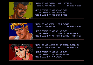 Streets of Rage (Genesis) screenshot: Character stats