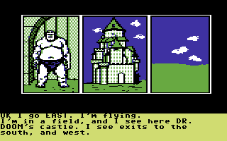 Questprobe: Featuring Human Torch and the Thing (Commodore 64) screenshot: Flying towards Dr. Doom's castle (US/Disk version)
