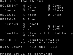 Halls of the Things (ZX Spectrum) screenshot: The instructions - oh my, lots of keys to remember