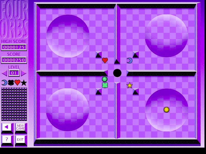 Four Orbs (Windows) screenshot: Level one part completed<br>The symbols, mid-left, light up when a ball reaches the correct target