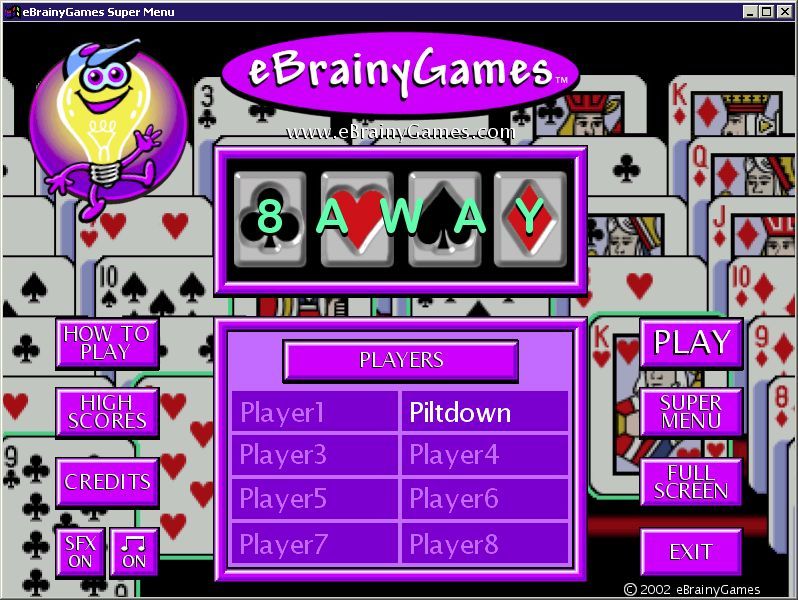 8 Away (Windows) screenshot: The initial game screen<br>The game supports up to eight player identities, names under which high scores could be uploaded to the game's on-line Hall of Fame, it does not support up to eight players