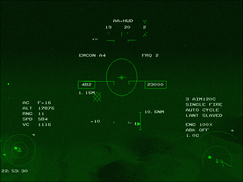 Total Air War (Windows) screenshot: From 22:00 pm to 06:00 am the game is dark, very dark. The night vision is on.