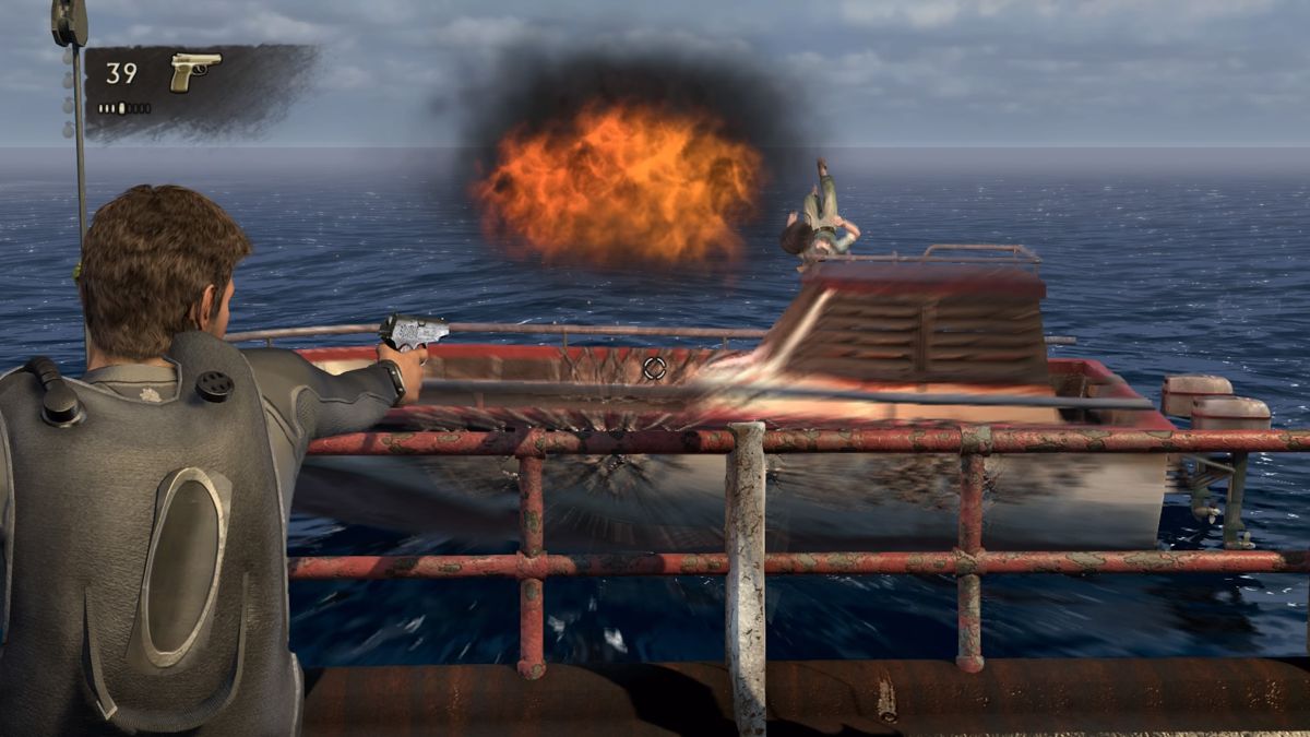 Uncharted: Drake's Fortune (PlayStation 4) screenshot: Shoot the fuel barrels on the pirate boats to blow them up