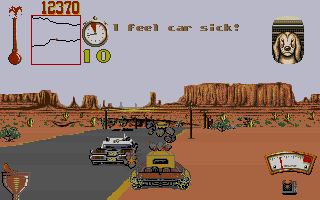 Moonshine Racers (DOS) screenshot: Regular colour commentary indicates your driving prowess.