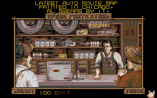 Moonshine Racers (DOS) screenshot: Visiting spare parts store after the ride.