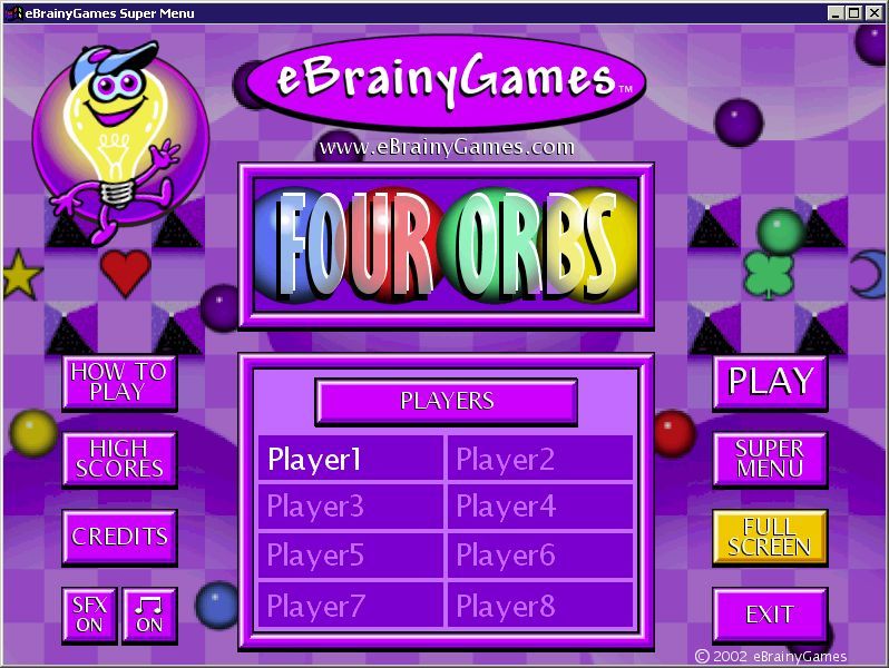Four Orbs (Windows) screenshot: The initial game screen<br>The game supports up to eight player identities not eight players. Player id's are used when scores are uploaded to the game's web site, a feature no longer available