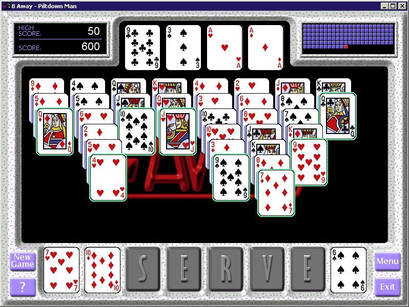 8 Away (Windows) screenshot: A game under way. Where possible the game automatically moves cards to the foundations<br>When the player clicks on the 9 od Spades the game will automatically move it beneath the ten