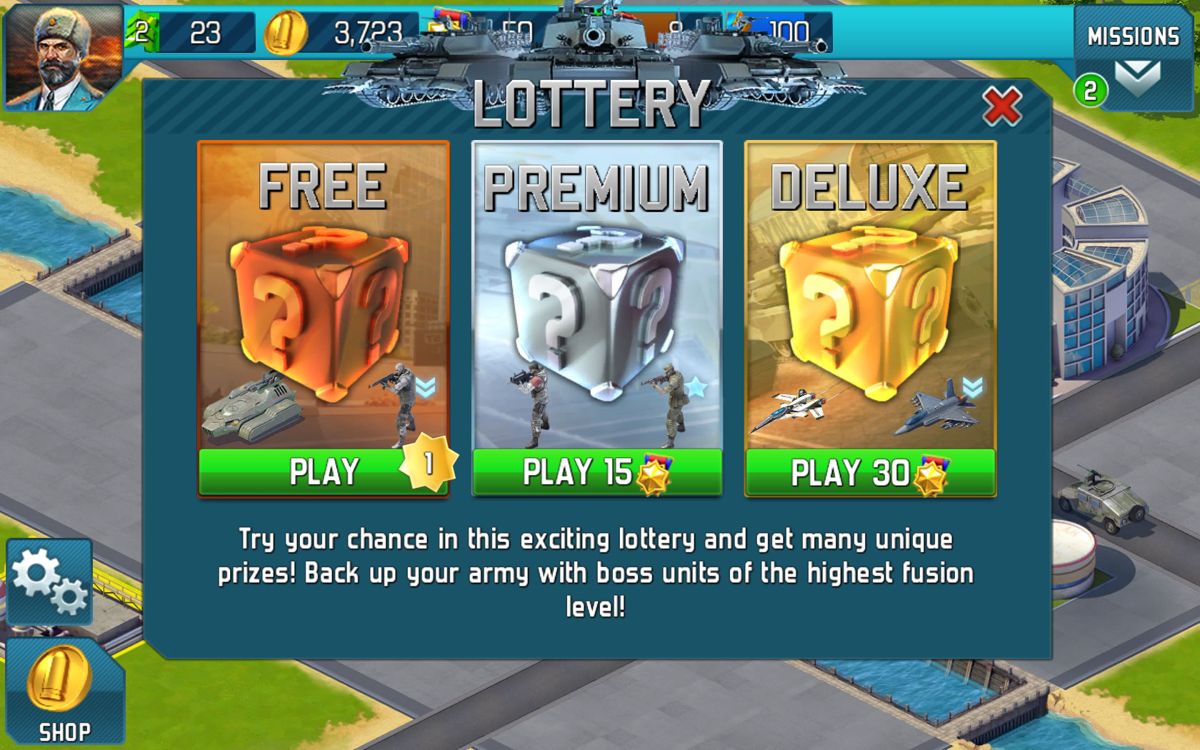 World at Arms (Windows Apps) screenshot: You can play a lottery game.