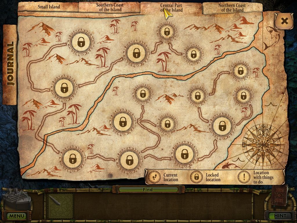 The Treasures of Mystery Island: The Ghost Ship (Windows) screenshot: The in-game map showing places I still have to explore, there's quite a lot to this game