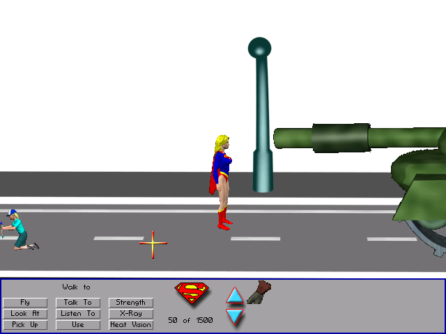 Supergirl in We don't need another Hero (Windows) screenshot: Supergirl stops a tank