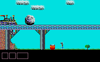 Lucky Luke (Atari ST) screenshot: Boulder stops the train, you are near the can with nitroglycerine...