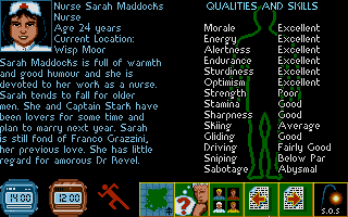 Midwinter (DOS) screenshot: Nurse Maddocks's info