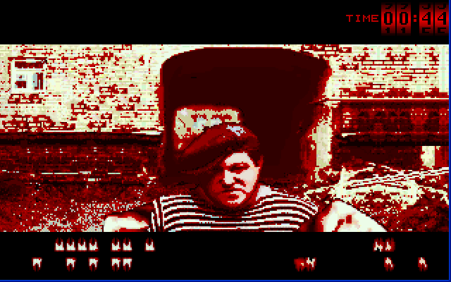 Choose an Enemy (DOS) screenshot: When you are hit, the screen turns red.