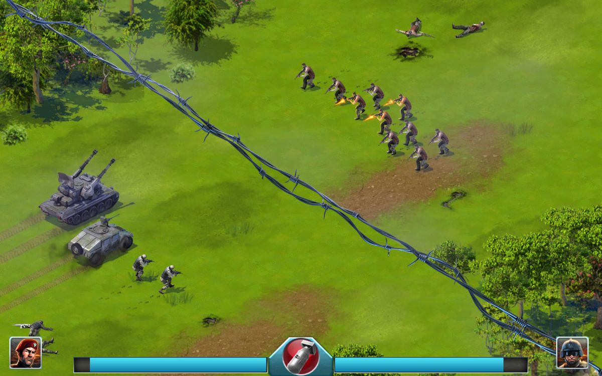 World at Arms (Windows Apps) screenshot: A battle in progress. The blue bar at the bottom shows the remaining strength for each side.