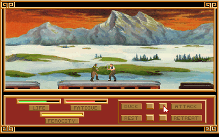 Heart of China (DOS) screenshot: Fighting on top of the Orient Express.