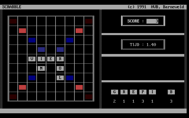 Scrabble (DOS) screenshot: "in" is a Dutch word
