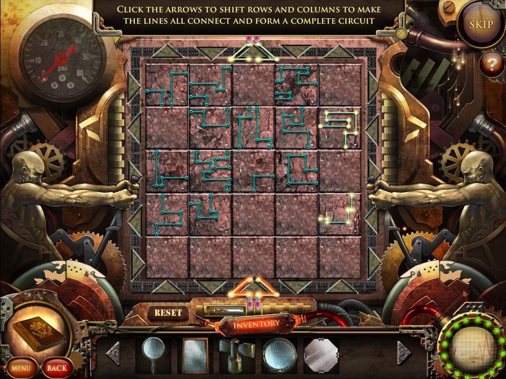 Nightfall Mysteries: Asylum Conspiracy (Windows) screenshot: This is a novel sliding block puzzle where the object is to complete a circuit using all the pieces