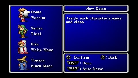 Final Fantasy (PSP) screenshot: New game - the heroes selection