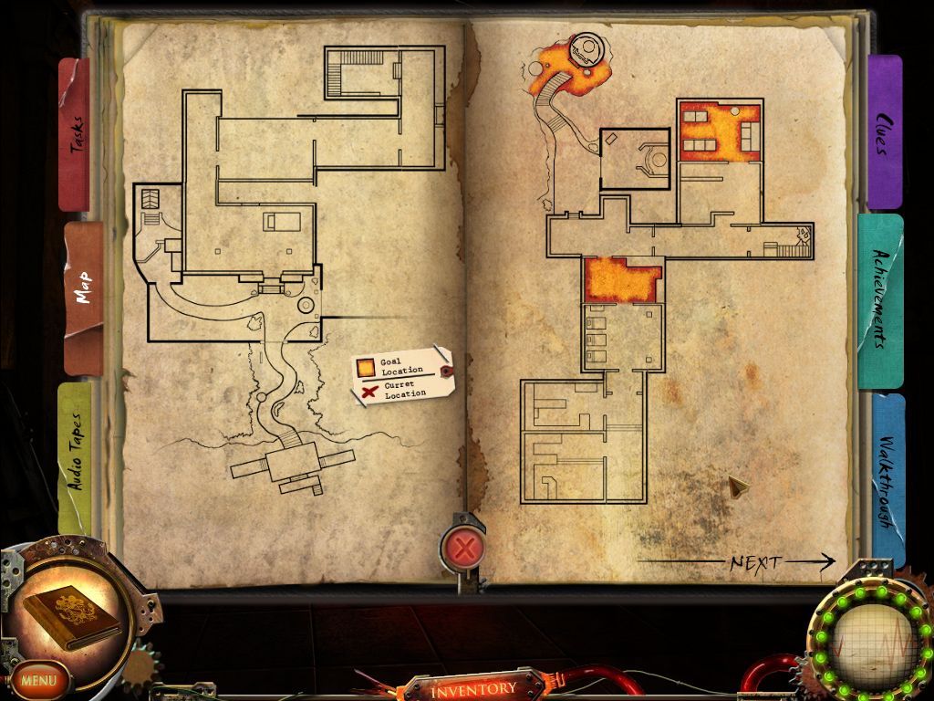 Nightfall Mysteries: Asylum Conspiracy (Windows) screenshot: The game has an in-built map which shows the player where the next puzzle, or in this case puzzles, can be found