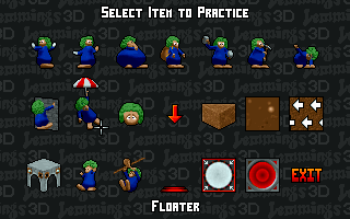 Lemmings 3D (DOS) screenshot: There's a lot of stuff to practice in Lemmings 3D.