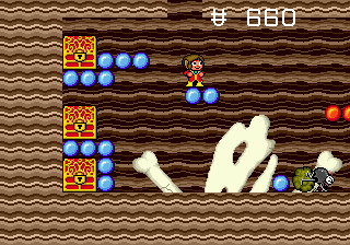 Alex Kidd in the Enchanted Castle (Genesis) screenshot: A secret cave with treasure to loot