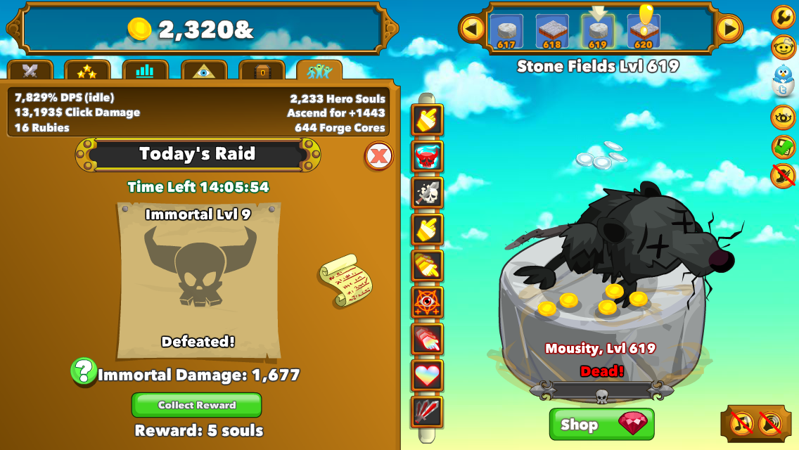 Clicker Heroes (Browser) screenshot: The Immortal has been defeated in this day's raid and hero souls can be claimed as a reward.