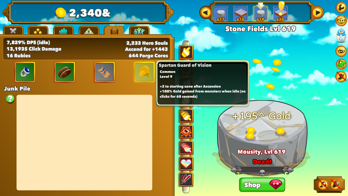 Clicker Heroes (Browser) screenshot: The relic system that was added in a later update.