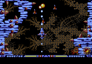 Xenon 2: Megablast (Genesis) screenshot: The upgrade to fire backwards comes early and is very useful.