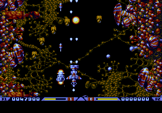 Xenon 2: Megablast (Genesis) screenshot: Enemies are also harder to spot, as the colour palette of the console is more limited.