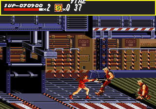 Streets of Rage (Genesis) screenshot: Stage 6 is filled with dangerous industrial presses and conveyor belts.