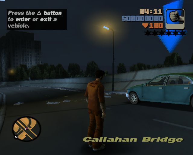 Grand Theft Auto III (PlayStation 2) screenshot: As the game begins the player is given advice on the controls